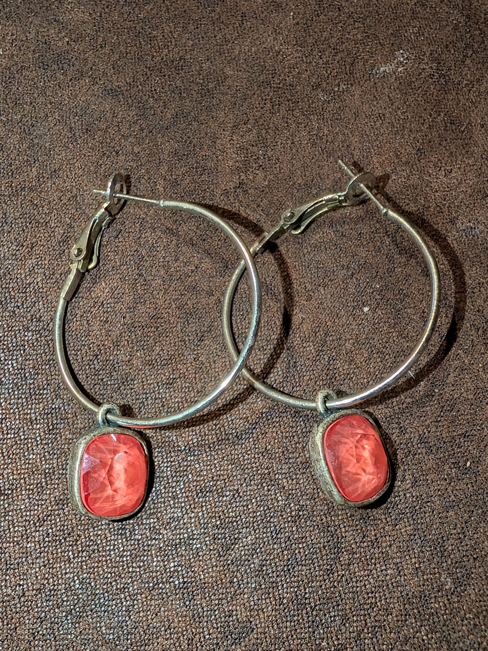 Hoop Earrings with Coral Pink Gemstone Drops